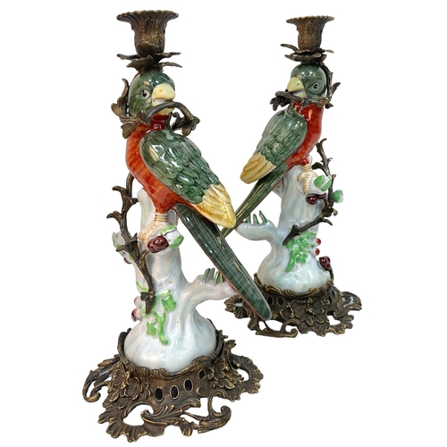 1641 - A Pair of Antique Porcelain and Bronze Parrot Candlestick Holders. Ornate brass base. Red, green and... 