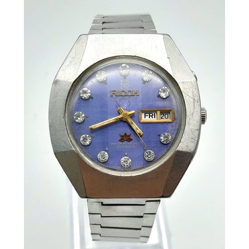 1625 - A Vintage Ricoh Automatic 21 Jewel Gents Watch. Stainless steel strap and case - 37mm. Blue dial wit... 