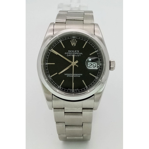 183 - A Rolex Oyster Perpetual Datejust Gents Watch. Stainless steel strap and case - 36mm. Black dial wit... 