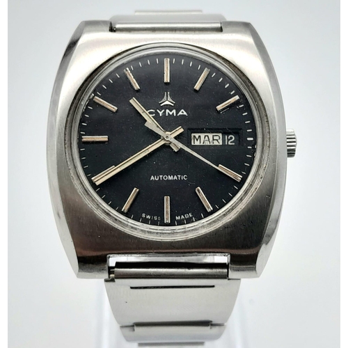 449 - A Vintage CYMA Automatic Gents Watch. Stainless steel strap and case - 38mm. Black dial with day/dat... 