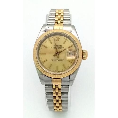 470 - A LADIES BI-METAL ROLEX OYSTER PERPETUAL DATEJUST WITH GOLDTONE DIAL .  26mm THE CLASSIC ROLEX!