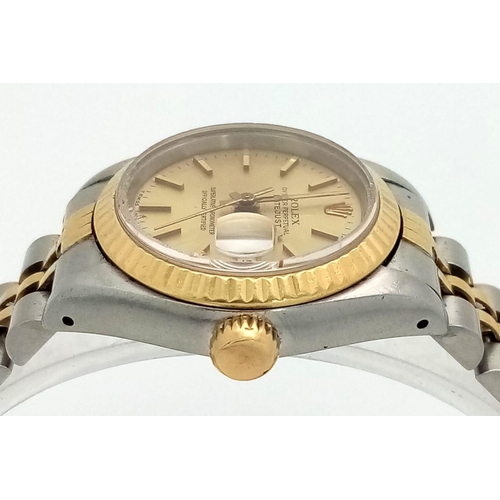 470 - A LADIES BI-METAL ROLEX OYSTER PERPETUAL DATEJUST WITH GOLDTONE DIAL .  26mm THE CLASSIC ROLEX!