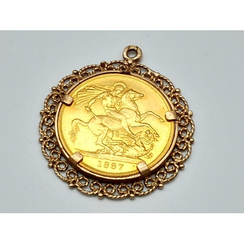 2 - A 22K GOLD DOUBLE SOVEREIGN (15.9gms) DATED 1887 AND IN VERY NICE CONDITION SET IN 9K GOLD (5.2gms).... 