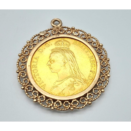 2 - A 22K GOLD DOUBLE SOVEREIGN (15.9gms) DATED 1887 AND IN VERY NICE CONDITION SET IN 9K GOLD (5.2gms).... 