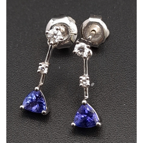 201 - 18K WHITE GOLD DIAMOND & TANZANITE SET DROP EARRINGS. TOTAL WEIGHT 1.6G