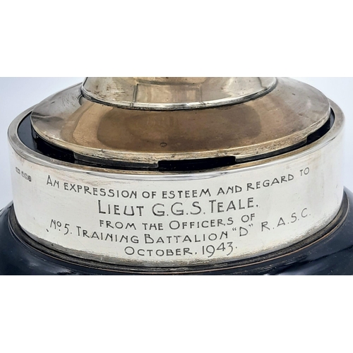 248 - A SOLID SILVER CUP/TROPHY FROM OCTOBER 1943 PRESENTED TO LIEUT G G S TEALE FROM THE OFFICERS OF NO 5... 