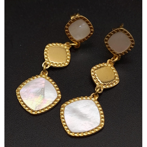 467 - A Pair of Gilded Silver Mother of Pearl Drop Earrings. 3cm drop.