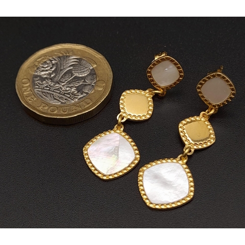 467 - A Pair of Gilded Silver Mother of Pearl Drop Earrings. 3cm drop.