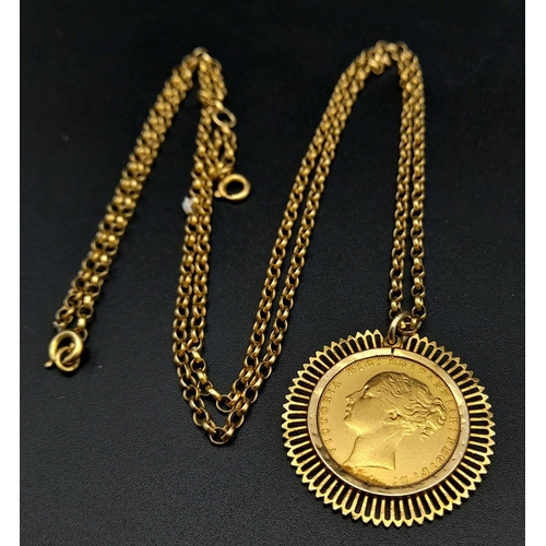 9 - AN 1871 GOLD SOVEREIGN WITH THE YOUNG VICTORIA HEAD SET IN 9K AND ON A 70cms 9K GOLD CHAIN. 18 2gms ... 