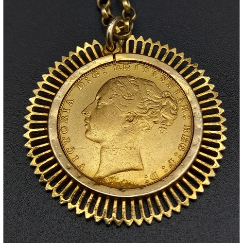 9 - AN 1871 GOLD SOVEREIGN WITH THE YOUNG VICTORIA HEAD SET IN 9K AND ON A 70cms 9K GOLD CHAIN. 18 2gms ... 