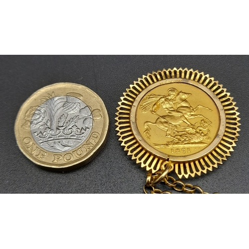 9 - AN 1871 GOLD SOVEREIGN WITH THE YOUNG VICTORIA HEAD SET IN 9K AND ON A 70cms 9K GOLD CHAIN. 18 2gms ... 