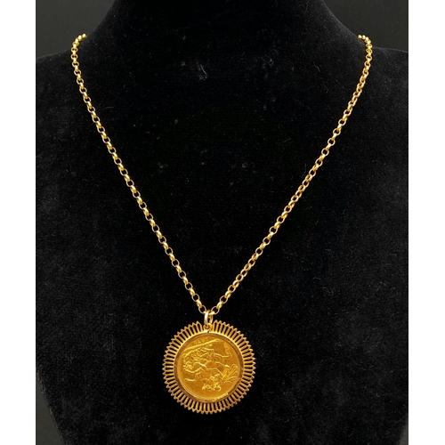 9 - AN 1871 GOLD SOVEREIGN WITH THE YOUNG VICTORIA HEAD SET IN 9K AND ON A 70cms 9K GOLD CHAIN. 18 2gms ... 