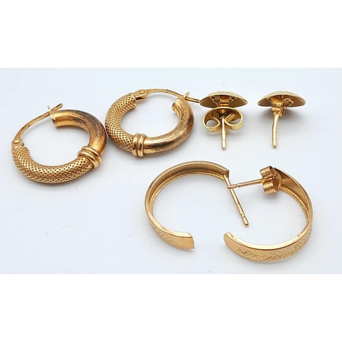 99 - 3 PAIRS OF 9K GOLD EARRINGS . 2.4gms