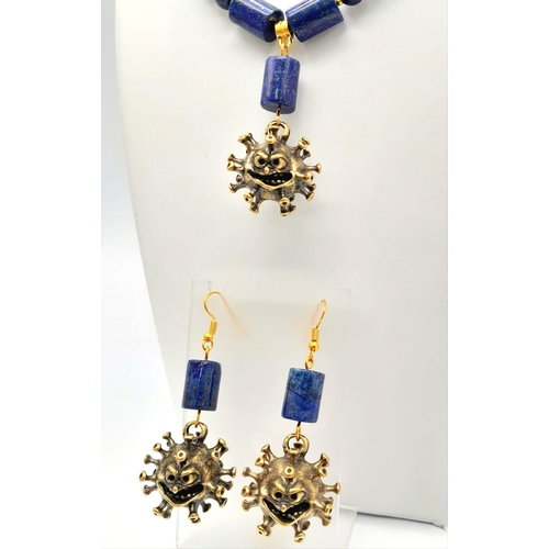 160 - Never seen before, a bronze Coronavirus and lapis lazuli necklace and earrings set, in a quality pre... 