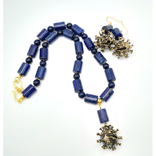 160 - Never seen before, a bronze Coronavirus and lapis lazuli necklace and earrings set, in a quality pre... 