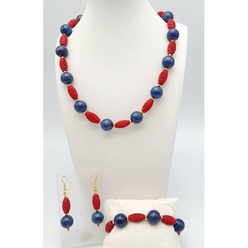 188 - A lapis lazuli and Chinese engraved cinnabar necklace, bracelet and earrings set in a presentation c... 