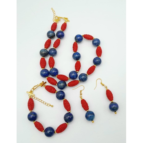 188 - A lapis lazuli and Chinese engraved cinnabar necklace, bracelet and earrings set in a presentation c... 