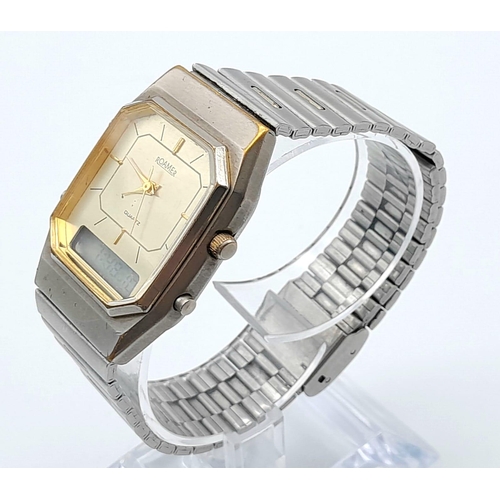 393 - A Rare Vintage Roamer Digital and Analogue Watch. Stainless steel strap and octagonal case - 29mm. G... 