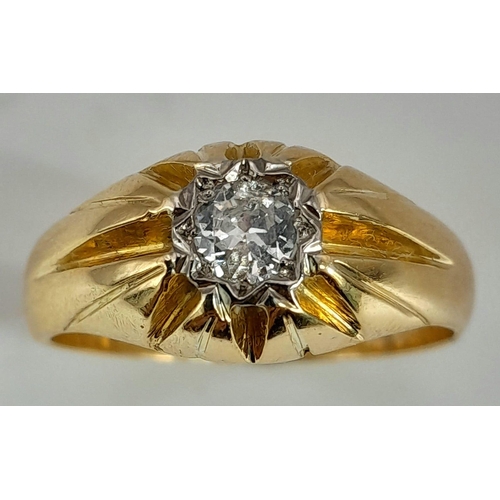 288 - An 18K Yellow Gold Diamond Solitaire Ring. Round brilliant cut diamond. Size R. 6.87g total weight.