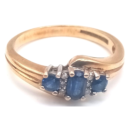 37 - A Vintage 9K Yellow Gold Sapphire and Diamond Ring. Size Q. 3.1g total weight.