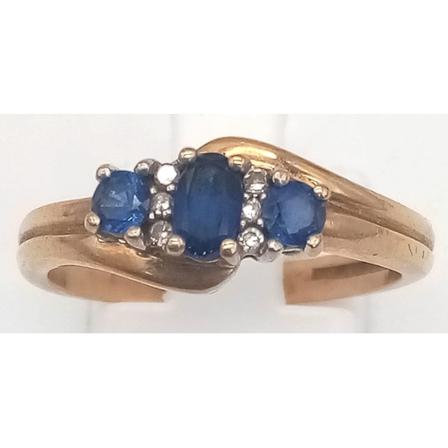 37 - A Vintage 9K Yellow Gold Sapphire and Diamond Ring. Size Q. 3.1g total weight.