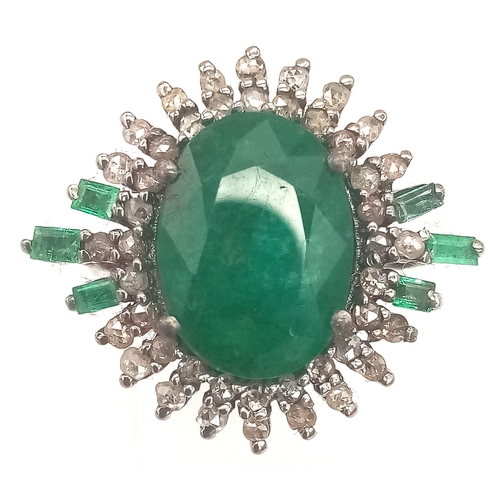 449 - A 6.10ct Emerald Ring with 0.83ct Diamond Accents on 925 Silver. Ring Size P, Total Weight 7.70 gram... 