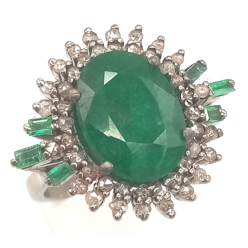 449 - A 6.10ct Emerald Ring with 0.83ct Diamond Accents on 925 Silver. Ring Size P, Total Weight 7.70 gram... 