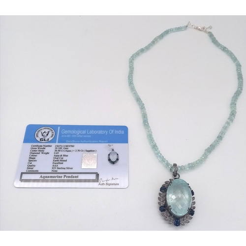 456 - A 36.48ct Aquamarine and Blue Sapphire Gemstone Pendant With Diamond Accents on 925 silver. Comes wi... 