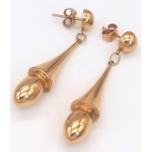 60 - A Pair 9K Yellow Gold Cornet Drop Earrings. 4cm drop. 3.6g total weight.