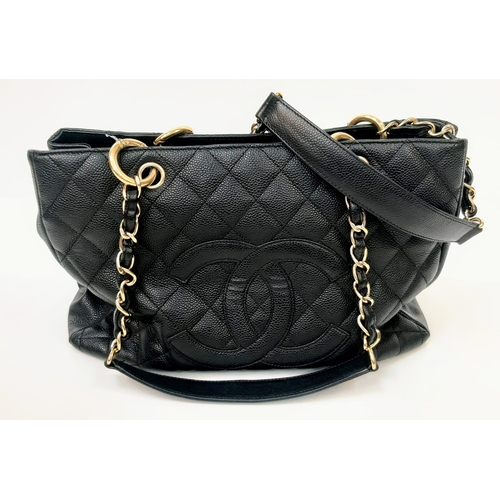 19 - A Chanel Black Quilted Cavier Leather GST Bag, CC Logo on the Front, Black Satin Interior with Gold ... 