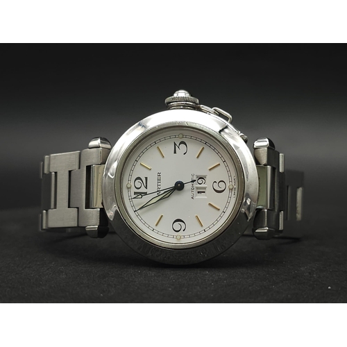 142 - A MID SIZED CARTIER PASHA DATE WATCH WITH GLOW IN THE DARK HANDS  .  36mm UNISEX MODEL