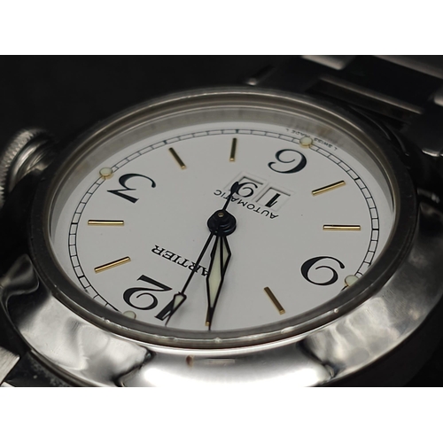 142 - A MID SIZED CARTIER PASHA DATE WATCH WITH GLOW IN THE DARK HANDS  .  36mm UNISEX MODEL