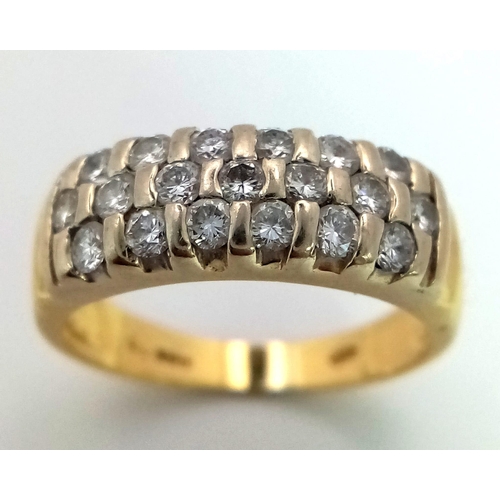 124 - A 18K YELLOW GOLD DIAMOND 3 ROW BAND RING 0.50CT 5.2G SIZE N