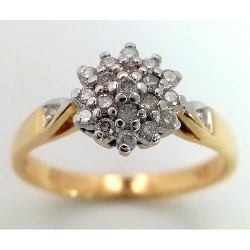 67 - 18K YELLOW GOLD DIAMOND CLUSTER RING.  0.25CT DIAMOND. TOTAL WEIGHT 3.4G.  SIZE M