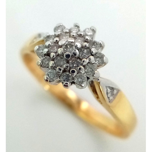 67 - 18K YELLOW GOLD DIAMOND CLUSTER RING.  0.25CT DIAMOND. TOTAL WEIGHT 3.4G.  SIZE M