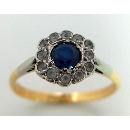 145 - 18K YELLOW GOLD VINTAGE WHITE AND BLUE SAPPHIRE CLUSTER RING 2.92G SIZE Q/R.