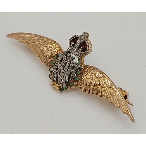 221 - 9K YELLOW GOLD DIAMOND SET ROYAL AIR FORCE RAF PIN BADGE / BROOCH. TOTAL WEIGHT 3.6G.  HALLMARKED BI... 