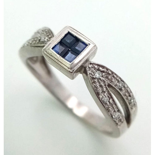 299 - 9K WHITE GOLD DIAMOND & SAPPHIRE RING. TOTAL WEIGHT 2.6G.  SIZE L