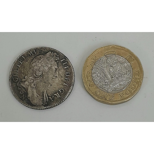 177 - A William III 1696 Silver Shilling Coin. Norwich Mint. Please see photos for conditions.