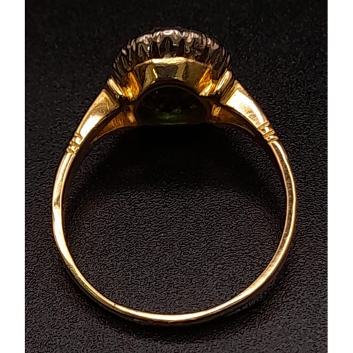 1548 - 18K YELLOW GOLD VINTAGE DIAMOND & GREEN TOPAZ CLUSTER RING. TOTAL WEIGHT 5.4G.  SIZE S