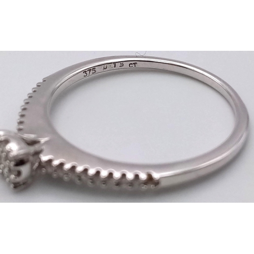 1549 - 9K WHITE GOLD DIAMOND RING.  0.15CT DIAMOND. TOTAL WEIGHT 2.4G.  SIZE R