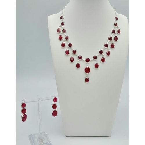 477 - A Ruby Gemstone Necklace on 925 Silver with Matching Ruby Earrings, Necklace Length 36cm, Earring Dr... 