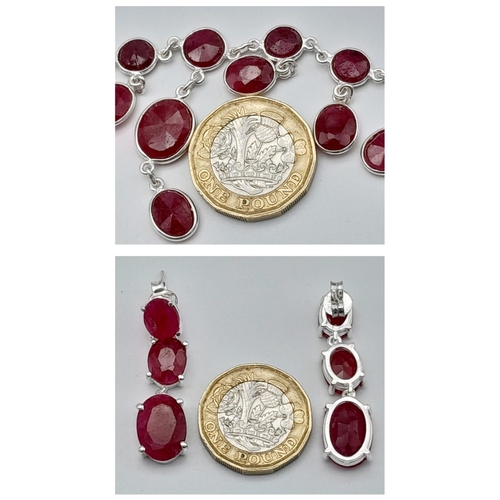 477 - A Ruby Gemstone Necklace on 925 Silver with Matching Ruby Earrings, Necklace Length 36cm, Earring Dr... 