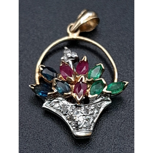 945 - 9K YELLOW GOLD DIAMOND, EMERALD, RUBY & SAPPHIRE SET FLOWER BOUQUET PENDANT / CHARM. TOTAL WEIGHT 1.... 