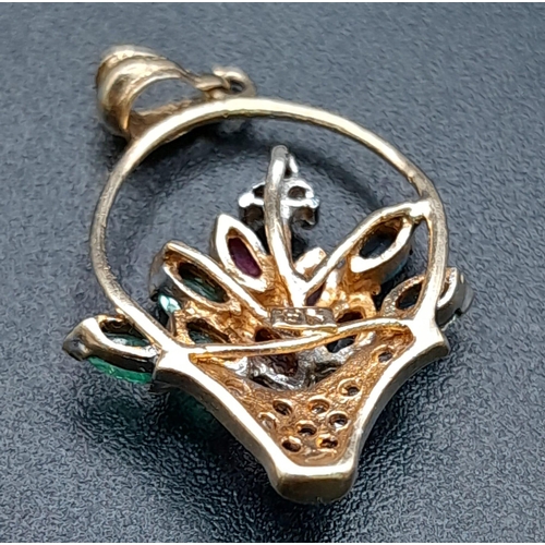 945 - 9K YELLOW GOLD DIAMOND, EMERALD, RUBY & SAPPHIRE SET FLOWER BOUQUET PENDANT / CHARM. TOTAL WEIGHT 1.... 