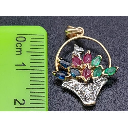 945 - 9K YELLOW GOLD DIAMOND, EMERALD, RUBY & SAPPHIRE SET FLOWER BOUQUET PENDANT / CHARM. TOTAL WEIGHT 1.... 