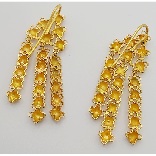 150 - A Pair of 18K Yellow Gold Drop Earrings. Ball on pierced decoration. 10.42g total weight. 4cm drop. ... 