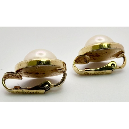 421 - A Pair of Designer Christian Dior Gold Plated and Cultured Pearl Clip Earrings. Ref: 13770