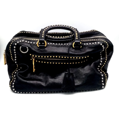 47 - A Vintage Prada Studded black Leather Satchel Bag, Featuring A Studded Leather Body, Exterior Zip Po... 