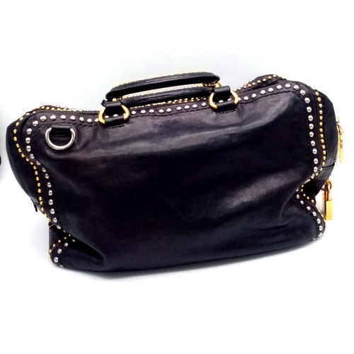 47 - A Vintage Prada Studded black Leather Satchel Bag, Featuring A Studded Leather Body, Exterior Zip Po... 